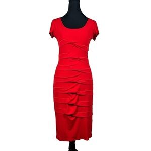 Eva Varro Red Ruched Tiered Midi Dress Bodycon Size XS